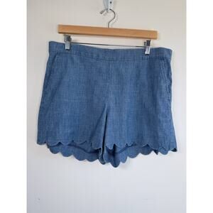J.Crew Cotton Chambray Scalloped Hem Pull On Shorts Blue Sz Large Summer Coastal